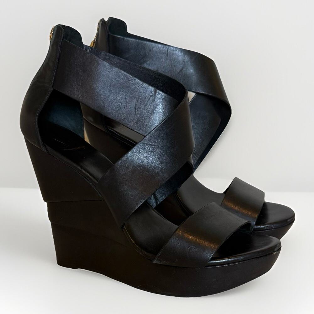 Black Leather Crisscross Wedge Sandals - Women